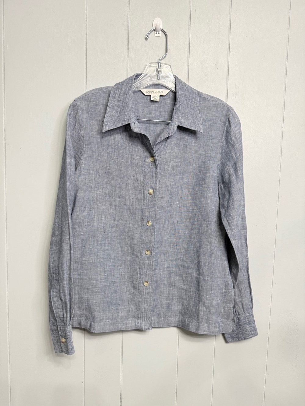 #7)  Casual Corner Light Blue’s Linen Button-Front Shirt